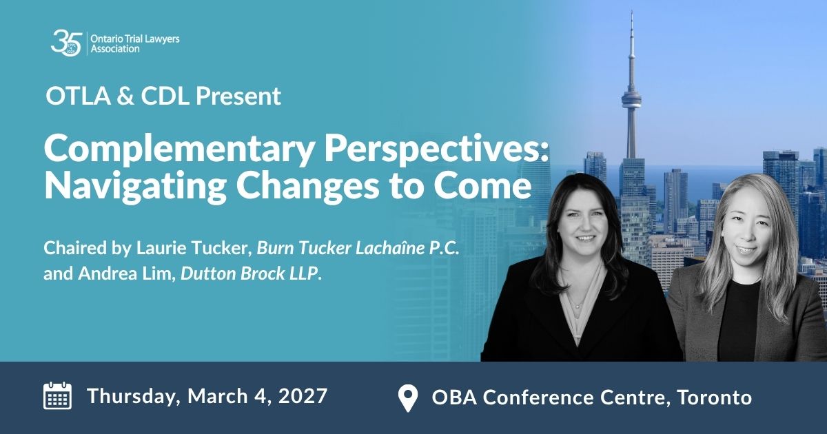 OntarioTLA's tweet photo. We’re excited to announce that OTLA and CDL are once again partnering to bring plaintiff and defence counsel together for a joint personal injury conference!

📆 Thursday, March 4, 2027
 
🎟️Register today to take advantage of early bird rates: https://t.co/n1RvQ7F0kT. https://t.co/l1oCnJC3n0