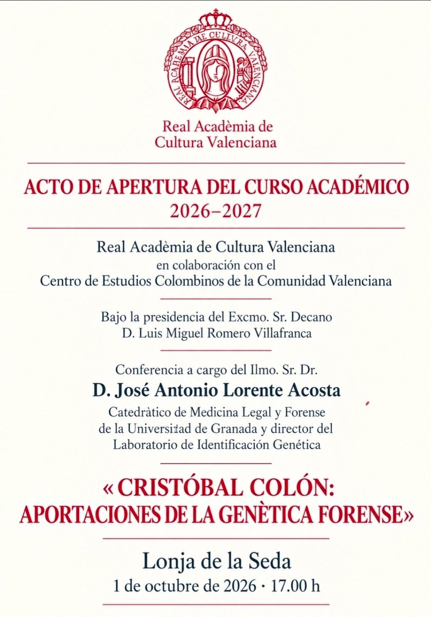 Sentandreu's tweet photo. El proximo jueves tenemos una cita con la historia. Para desentrañar uno de los grandes misterios de la historia el año pasado nos acompañó en el acto de apertura de Curso de la Real Academia de Cultura Valenciana el Excmo. Sr.D. Cristóbal Colón de Carvajal y Gorosábel, Duque de Veragua y cabeza de la Casa Colón. Este año será el eminente genetista D. José Antonio Lorente Acosta, Catedrático de Medicina Legal y Forense de la Universidad de Granada, Director del proyecto Cristóbal Colón ADN su verdadero origen. El acto, en la lonja de Valencia, es el inicio de la recta final de una controversia que ha tenido en vilo a la historiografía, la genética, la diplomática y la paleolinguística en torno al verdadero origen de Cristóbal Colón.