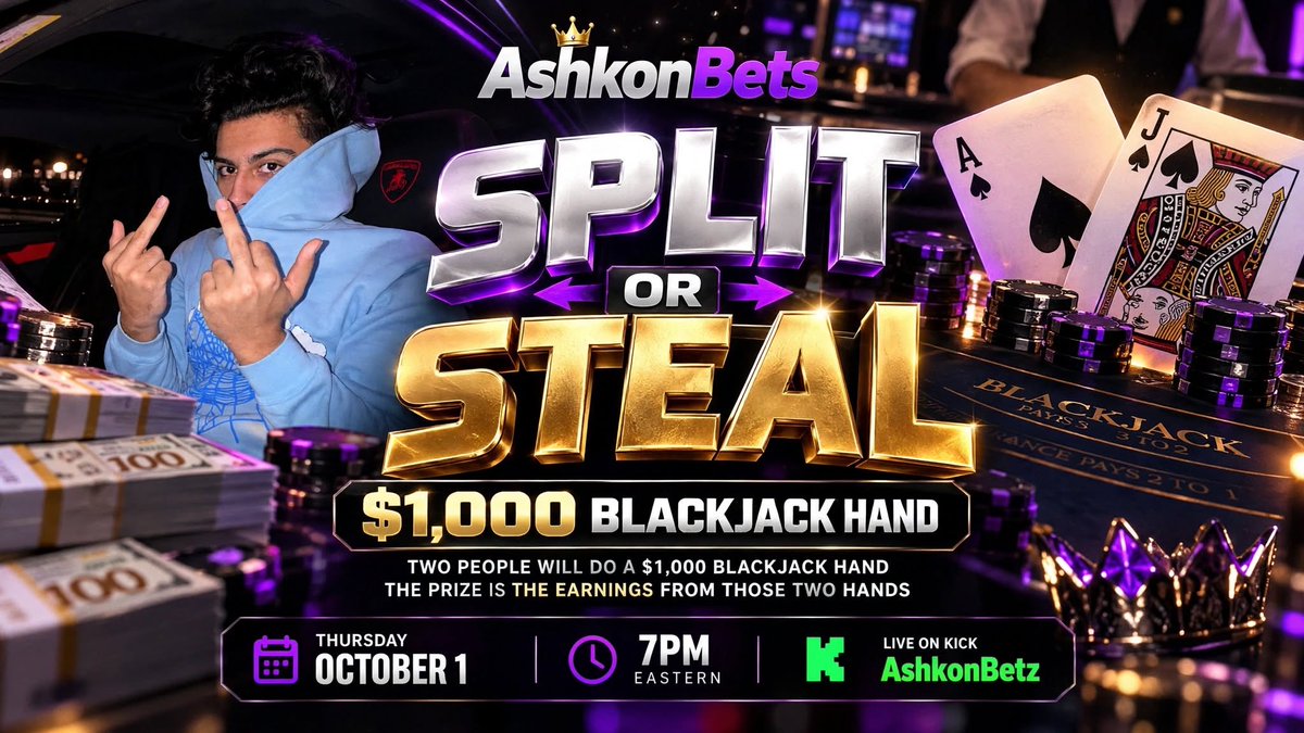 AshkonBets's tweet photo. $1000 Blackjack Split or Steal♦️

Selecting 10 people to participate, must be following @AshkonBets 

how this works; two people are given a $1000 blackjack hand, if both win the total profit pot would be $2,000. you can then either split the money, or steal it, however if both people chose steal, no one gets anything☠️ 

October 1st.