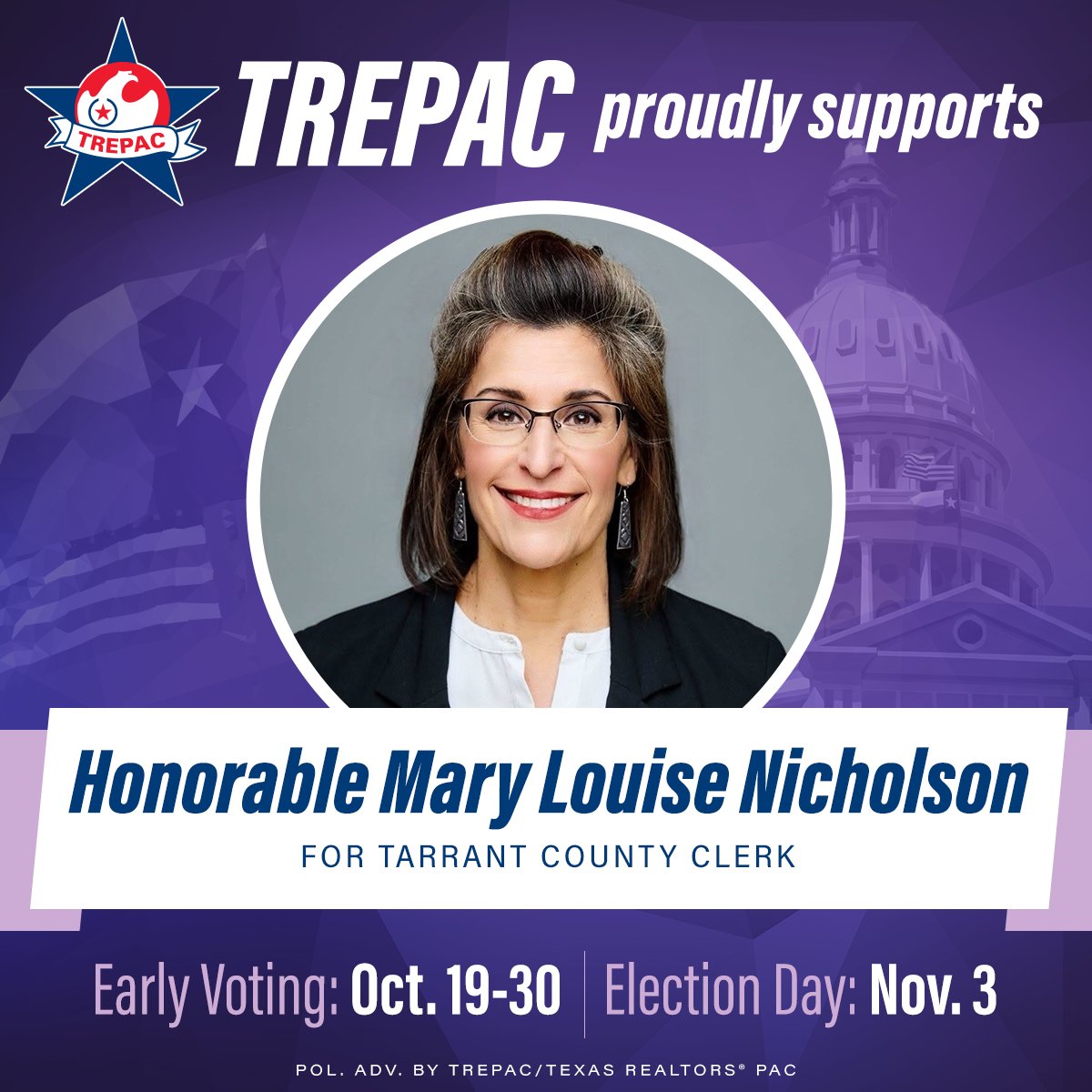 TexasTREPAC's tweet photo. We are proud to support Mary Louise Nicholson for Tarrant County Clerk #txlege https://t.co/Eb9Cbh50hD