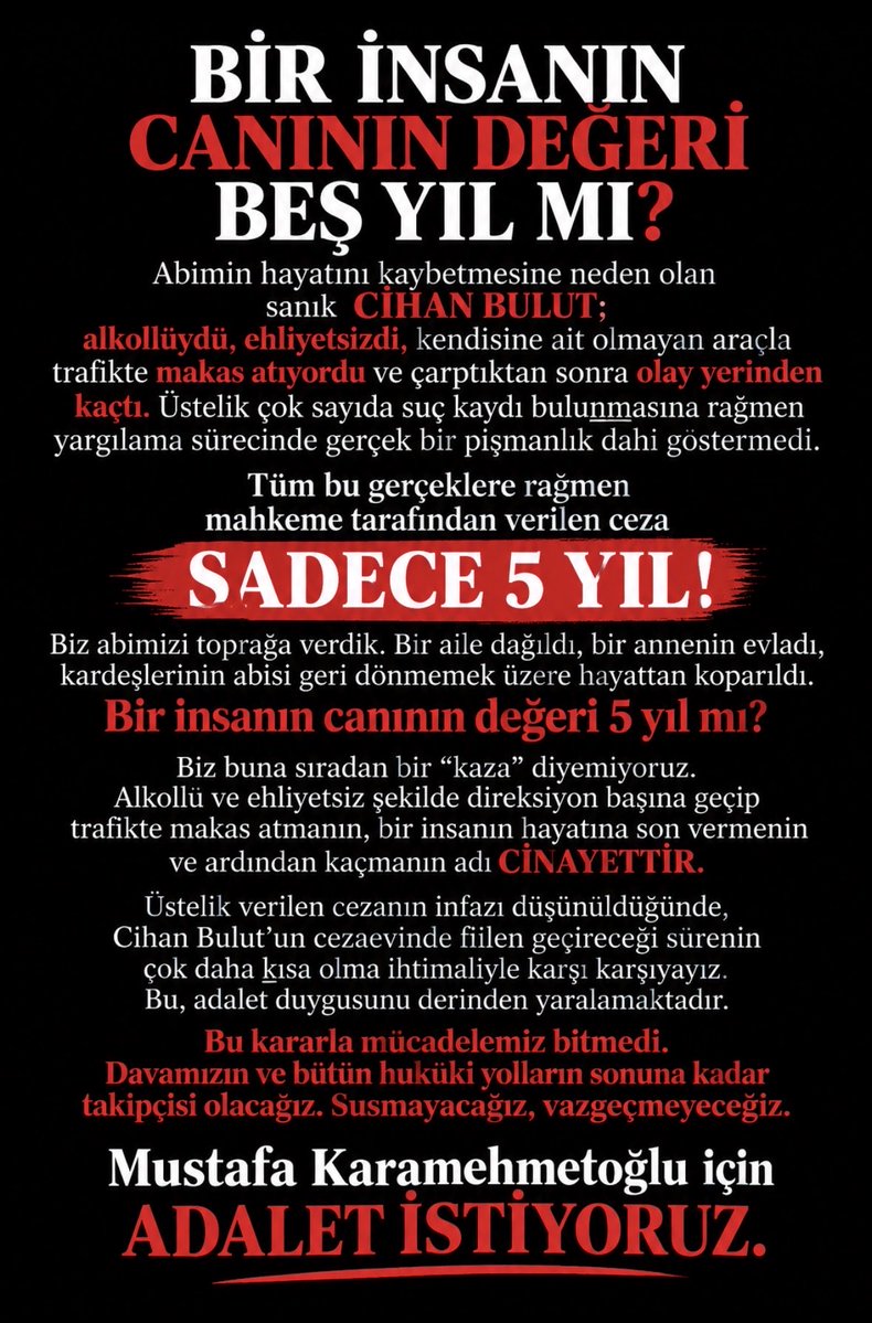 senaakmo's tweet photo. Benim abim MUSTAFA KARAMEHMETOĞLU da benzer şekilde bir trafik olayında hayatını kaybetti. Sanık alkollü, ehliyetsiz, kendisine ait olmayan bir araçla yüksek hızda ve makas atarak ilerlerken abimin aracına arkadan çarptı ve olay yerinden kaçtı. Üstelik geçmişinde çok sayıda suç kaydı bulunmasına rağmen davamız Asliye Ceza Mahkemesi’nde görüldü ve sanığa yalnızca 5 yıl hapis cezası verildi; bir de 1/6 oranında indirim uygulandı. Bir insanın canının karşılığı 5 yıl olmamalı. Biz de dosyamızın olası kast kapsamında değerlendirilmesini ve adaletin sağlanmasını istiyoruz. Lütfen MUSTAFA KARAMEHMETOĞLU’nun sesini de duyurun. 🙏🏻