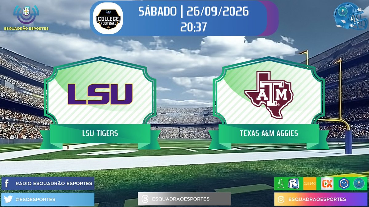 EsqEsportes's tweet photo. NO AR! Em https://t.co/xRmg1NA8Pw, https://t.co/OrvAklswly, ou pelos aplicativos CX Radio, RadiosNet ou da Esquadrão. #CollegeFootball #GeauxTigers #GigEm #TAMUvsLSU https://t.co/5miJ09MQuT