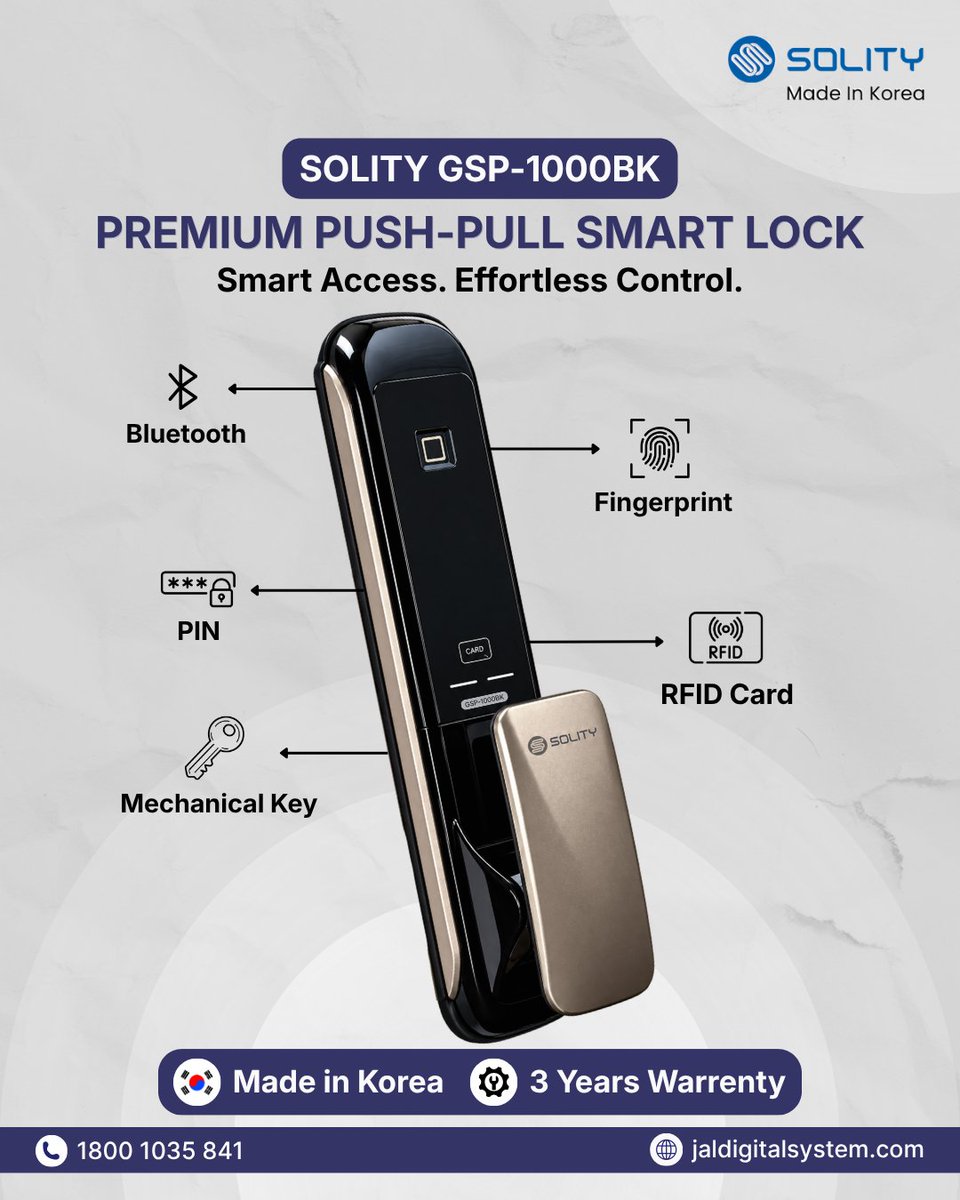 DigitalJal's tweet photo. Keys? Cards? Fingerprint? Your door has options now. 
Meet the SOLITY GSP 1000BK.
Smart access, wrapped in a premium push pull design.

📞 1800 1035 841
🌐 https://t.co/R1YZYrrcPi

#Solity #SmartLock #JALDigitalSystem https://t.co/Tkg4WFbFrD