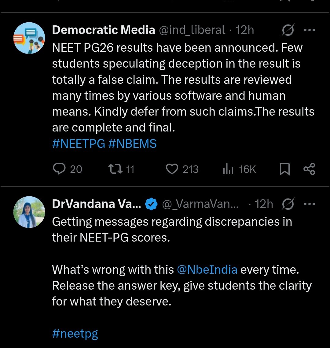 shwetachhabra13's tweet photo. NEET PG result 2026 - students demand release of answer key and question paper.
Discrepancy in result reported by MBBS qualified DOCTORS. https://t.co/Fyc7HGoxW3