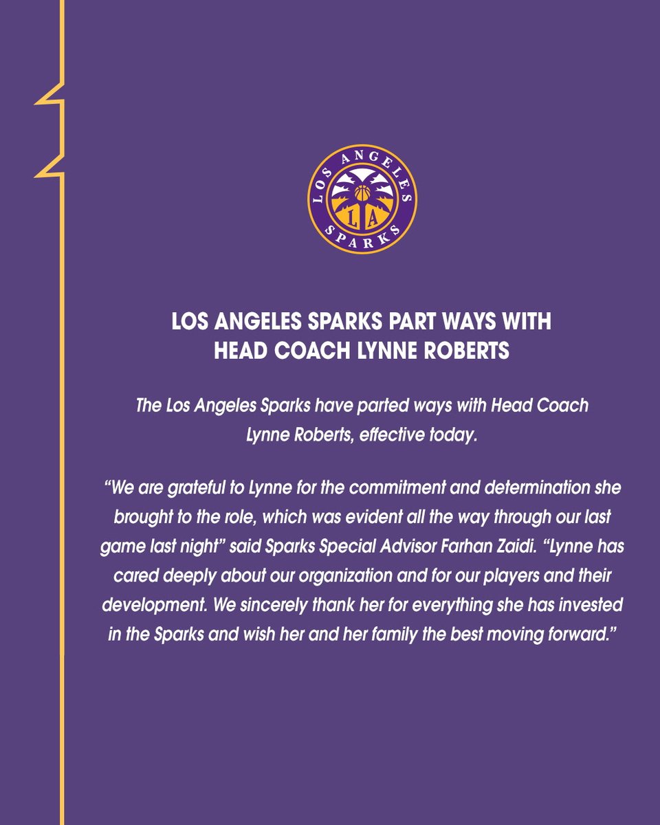 LASparks's tweet photo. Los Angeles Sparks Part Ways With Head Coach Lynne Roberts. 

📝 https://t.co/v32xZ5q66n https://t.co/jbykYIxMcf