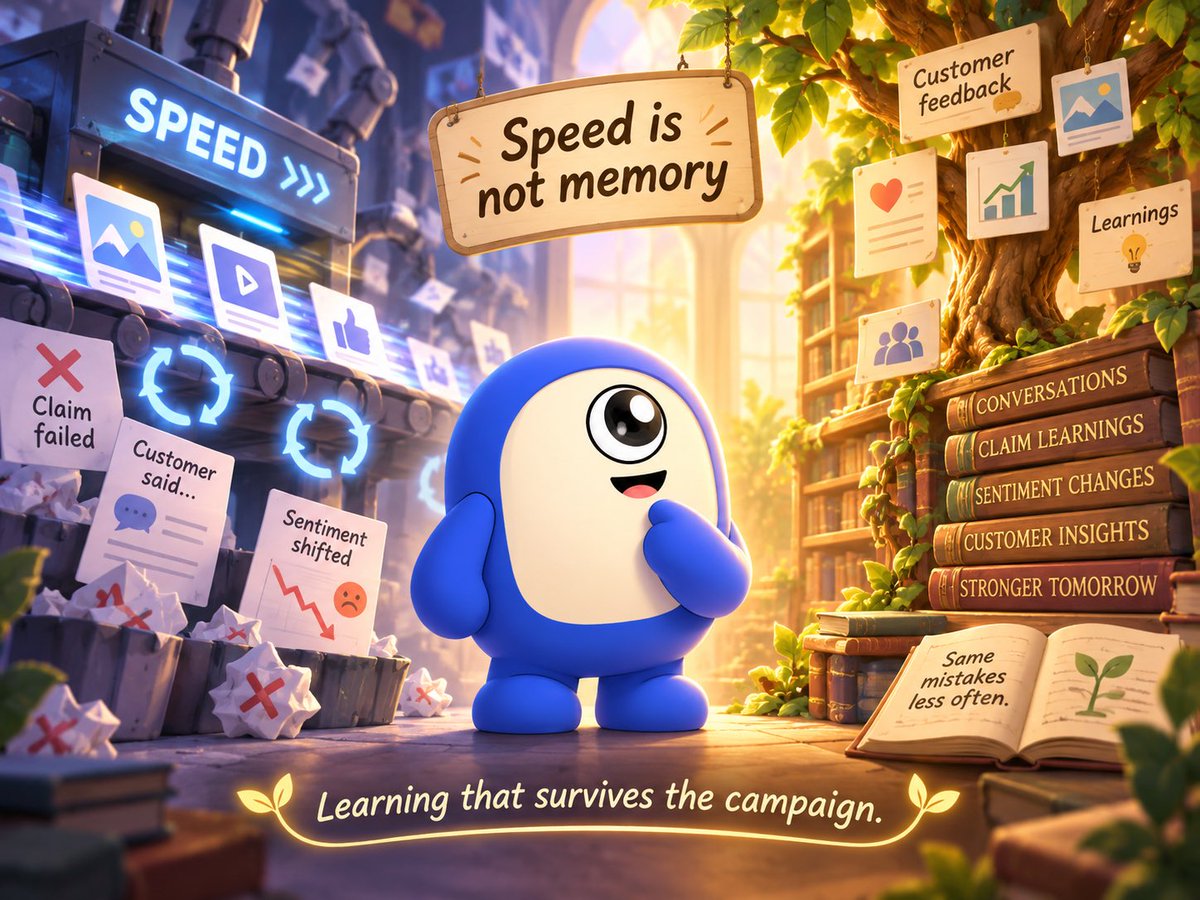 MinionLabAI's tweet photo. AI does not give marketing teams memory.
It gives them speed.

Without a record of what customers said, which claim failed, or why sentiment shifted, automation repeats old mistakes faster.

The next marketing moat is not more content.
It is learning that survives the campaign. https://t.co/VMXN3NkXsX