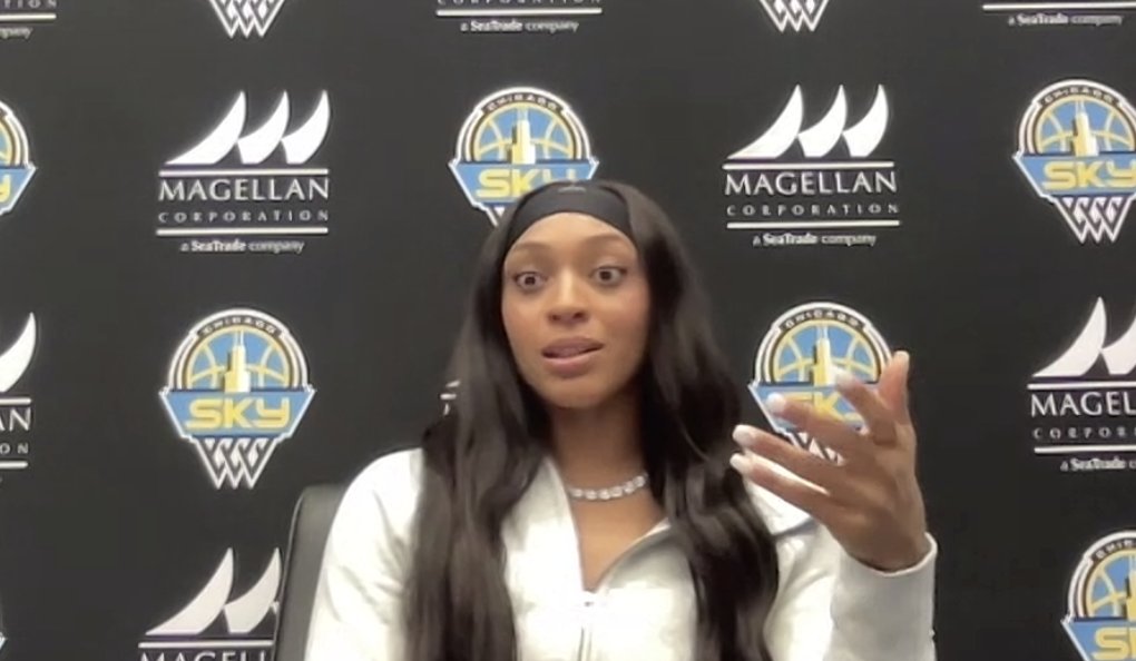 colincsalao's tweet photo. DiJonai Carrington on the Connecticut Sun's final game:

“It's so sad. ... I was talking with people about how back in those days, we would travel and stay on the road after the games because it wasn't charter flights. And so, just talking about how much time we got to spend together on those road trips and in the hotels post game, in the airports. It was so much fun.

I literally have some of my best friends that I met from those days in Connecticut. People that will be at my wedding, people that will be godmothers to my children, just stuff like that you can't replicate. And so I'm so grateful for the organization.”