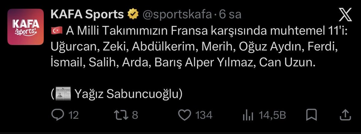 yagosabuncuoglu's tweet photo. RESMİ | A Milli Takımımızın 11'i açıklandı: Uğurcan, Zeki, Merih, Abdülkerim, Ferdi, Oğuz, Salih, İsmail, Arda, Can, Barış Alper. ✅🎯 https://t.co/MwTQvdx2Xr