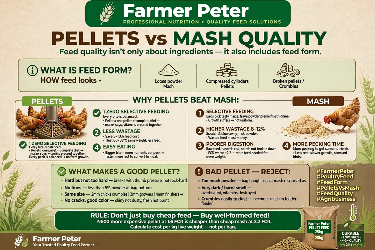 _FarmerPeter's tweet photo. He complained: "Farmer Peter, my 100 birds ate 8 bags but only 2kg at 6 weeks!"

I visited. Feeders had powder everywhere. Floor had more feed than droppings. Birds picking only maize grains.

"Your feed is good ingredients, but bad form. It's mash with too much fine. https://t.co/IajHvZyWOB