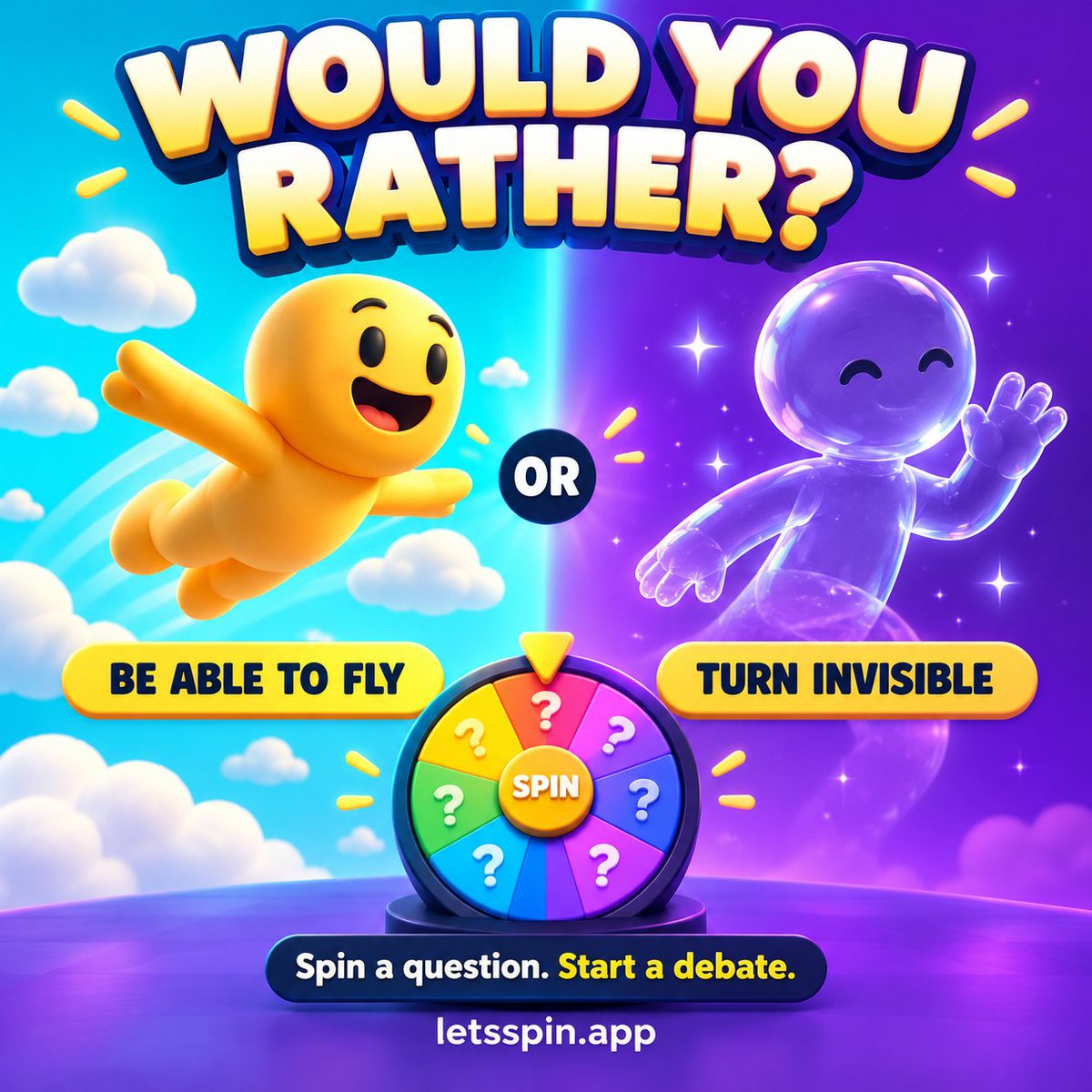 LetsSpinapp's tweet photo. Would you rather fly or turn invisible? 🤔

Pick one. Defend it in the replies.

🎡 Spin the Would You Rather wheel for your next game-night debate. Free, no signup.

https://t.co/urlQ78xpoJ

#WouldYouRather https://t.co/gMVkDCypsz