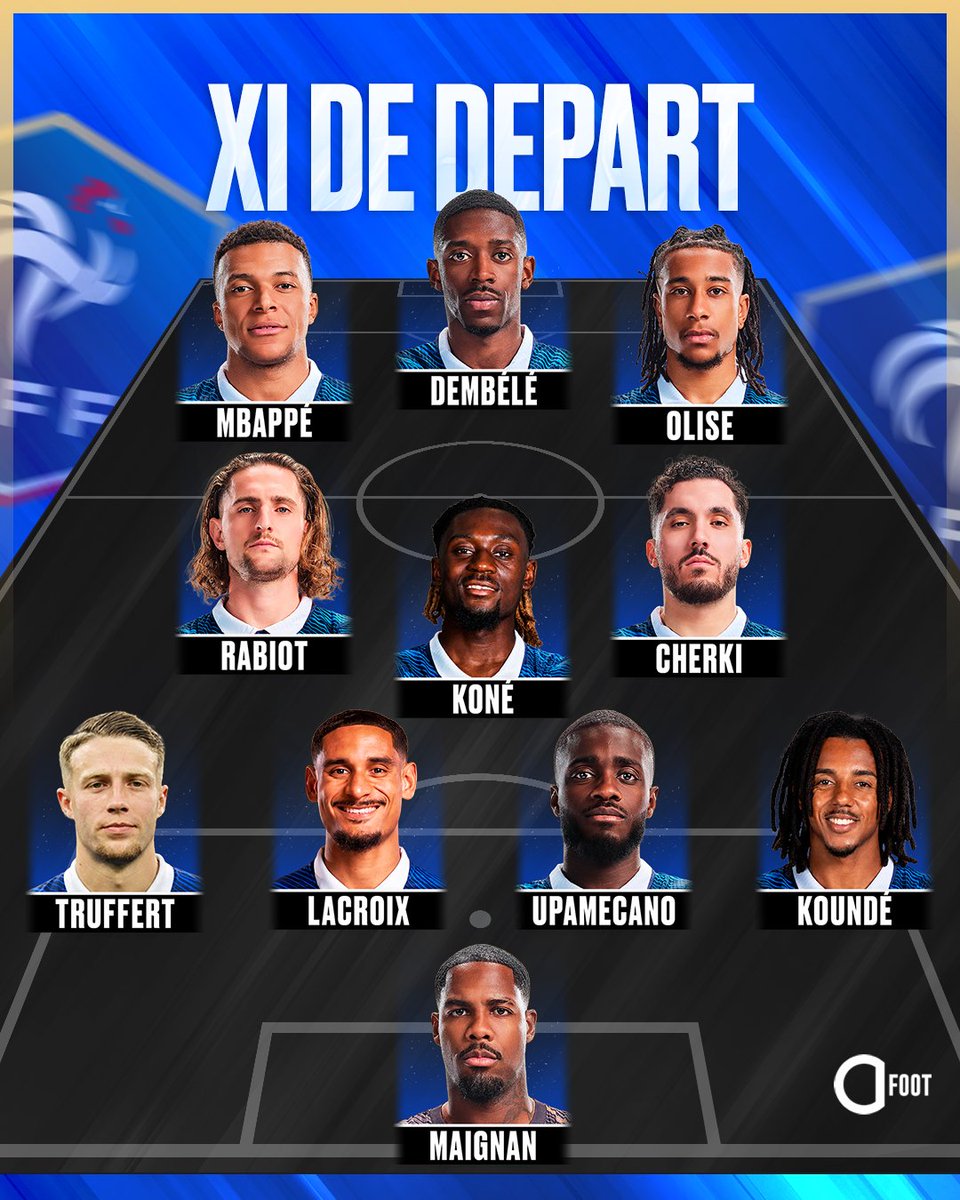 ActuFoot_'s tweet photo. 🚨🚨💣 OFFICIEL ! LA PREMIÈRE COMPOSITION DE L’ÈRE ZIDANE EN ÉQUIPE DE FRANCE 🇫🇷 !!!!!!

Les Bleus affrontent la Turquie 🇹🇷 en Ligue des Nations.

Trio d’attaque : MBAPPÉ - DEMBÉLÉ - OLISE. 🤩

Milieu à 3 : RABIOT - KONÉ - CHERKI. https://t.co/oPuZILbLS2