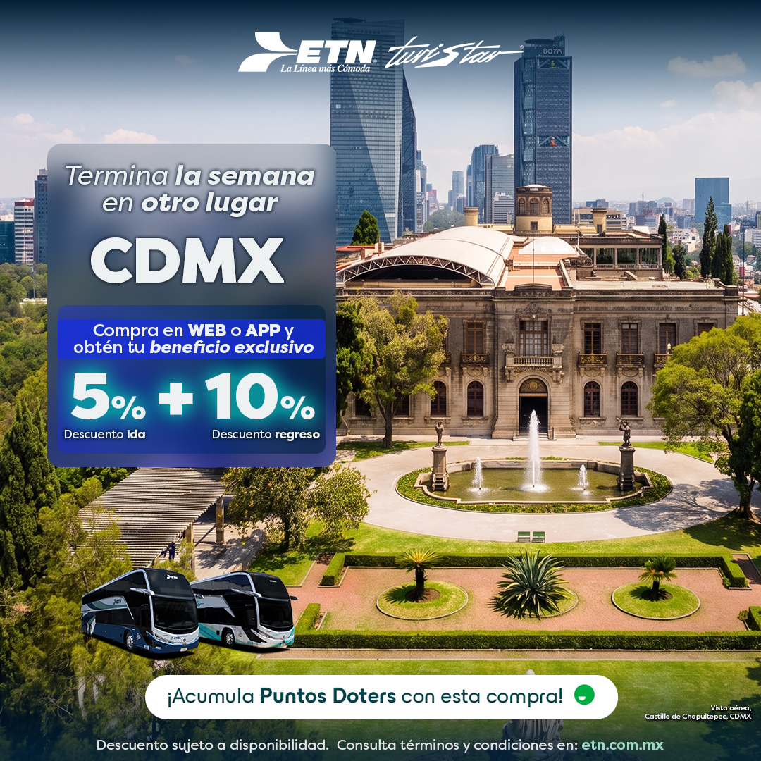 ETNTURISTAR's tweet photo. ✨ Tu próxima aventura en Ciudad de México empieza aquí.
Viaja con ETN y disfruta cada kilómetro del trayecto.

📲 Consulta horarios y tarifas en https://t.co/6bBV8CsmjE

o en la App ETN Turistar https://t.co/Uahb4fKHco