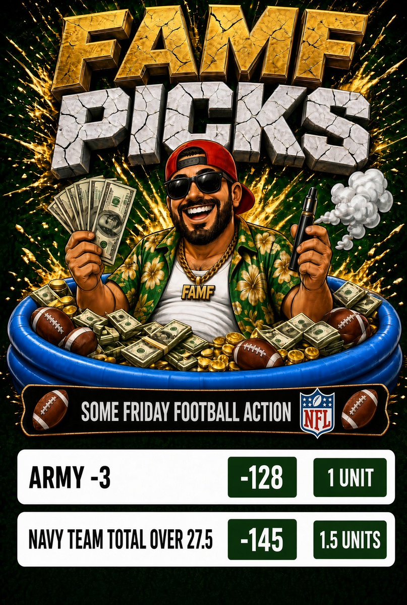 FAMFPICKS's tweet photo. SOME FRIDAY COLLEGE FOOTBALL PLAYS FOR YOU FAT FUCKS

ARMY -3
NAVY TTO 27.5

LETS KEEP THE GOOD TIMES ROLLING FATBOYS https://t.co/9L3p7Kfn2g