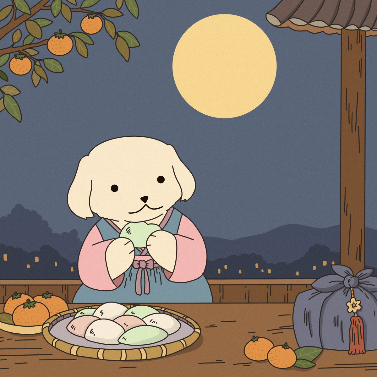Gaejuki_Giwa's tweet photo. It’s Chuseok in Korea. 🇰🇷🌕

Gaejuki put on his hanbok and prepared some songpyeon. 🐶

He hopes everyone has a warm and happy holiday.

행복한 추석 보내세요! 💛 https://t.co/vnfyVaJYSG
