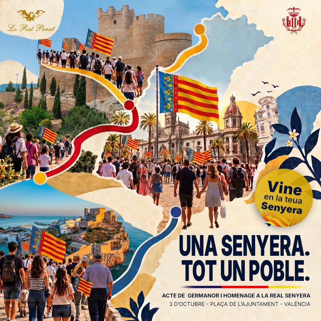 LoRatPenat_'s tweet photo. 📅📌Este pròxim 3 d’octubre, vine a l’acte d’homenage que celebrarem en la Plaça de l’Ajuntament de Valéncia. 🔵🔴🟡Un acte per i per a la família, ¡¡¡PER A TOTS!!! 🎊🌎
Està en nosatres en cada festa. En casa i en el carrer. En les alegries i en les penes. Quan marquem un gol..., quan celebrem les nostes festes, quan proclamem lo que som o quan cridem en ajuda.🗣️ És la nostra Real Senyera. La de tot un poble. Història, cultura i germanor. 📢
¡Ah! I si tens una Senyera en història, inscriu-te 📝 per a rebre el teu certificat de participació en este primer encontre. T’esperem‼️
“Tot un poble”
“Quan ix la Senyera tot el poble s'alça en ella”
#LoRatPenat #RACV #Valéncia #CulturaValenciana #Tradició #Festa #SenyeraValenciana #RealSenyera #Aellva #9dOctubre