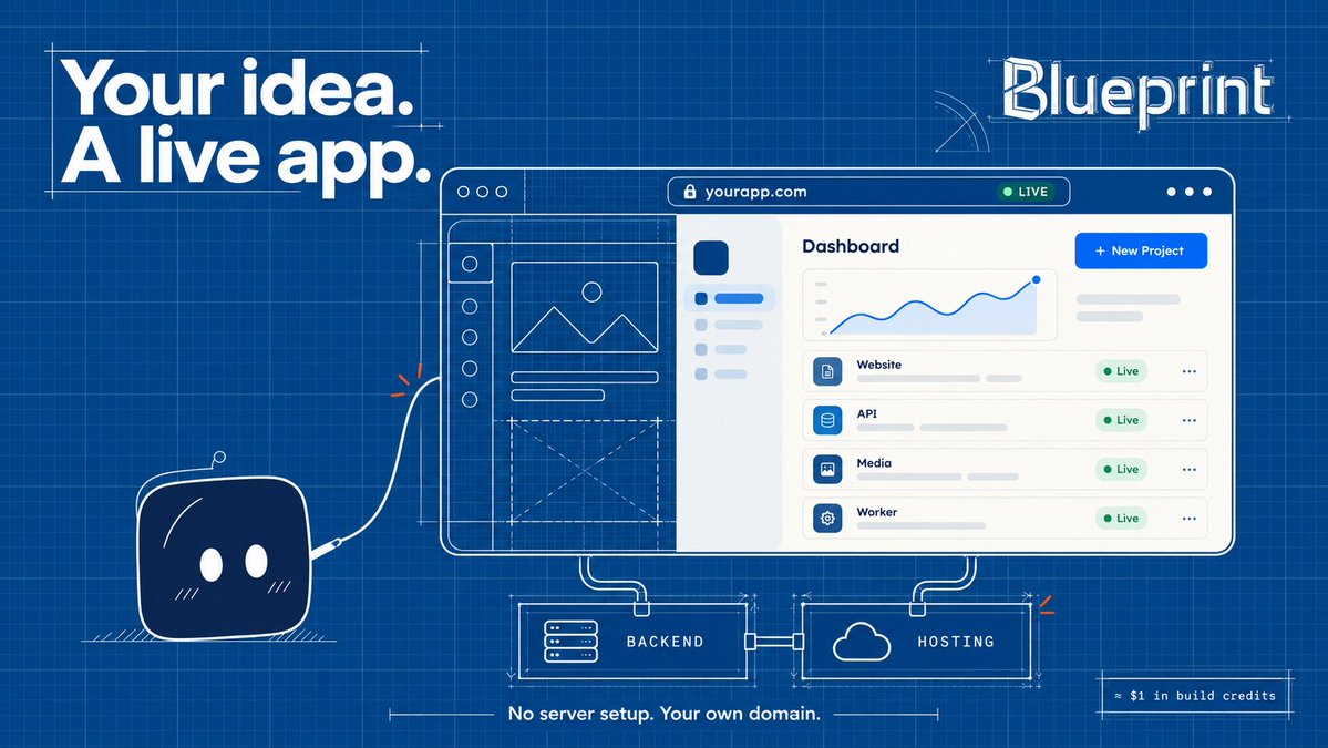 blueprintools's tweet photo. No servers to rent or infrastructure to manage. 

Build a high-quality, fully functional app for around $1 in credits, connect your own domain, and let Blueprint handle the hosting. Built to scale as your project grows.

GgsSaetRZNCuP9HEWjbojtVWByRWFxpr93S1wtGFpump https://t.co/GDwVluHspf