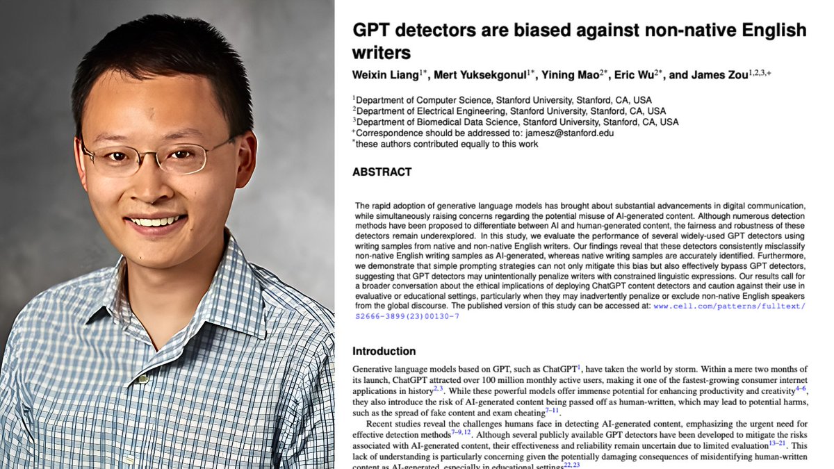 ihteshamali's tweet photo. A Stanford team proved AI detectors call human writing fake more than 61% of the time, then found the fastest way to pass the test was to let ChatGPT rewrite the essay for you.

I had to reread the study, because it sounds like a joke and it's being used to punish people every day.

The team was led by James Zou. They took 91 essays written by real students preparing for an English exam for foreign speakers. They fed them to seven of the most popular AI detectors on the market.

On average, more than 61% came back flagged as machine-written. 89 of the 91 essays got flagged by at least one detector.

Then they ran essays by American eighth graders through the same seven detectors. Almost perfect scores. Human, human, human.

The reason is almost insulting once you see it.

Most detectors guess by measuring how predictable your words are. A chatbot picks the most likely next word, every time. So does someone writing in their second language, because they reach for the safe word they know instead of the fancy one they're unsure of. Plain English looks like a robot to these machines.

So the researchers asked ChatGPT to rewrite the flagged essays with bigger vocabulary. The flag rate crashed from 61% to about 12%.

The cure for looking like a machine was letting a machine rewrite you.

The company that built ChatGPT already knew this. In January 2023, OpenAI launched its own detector. It caught only 1 in 4 AI-written texts and wrongly accused real humans 1 time in 11. Six months later they switched it off. The note is still on their website. One line. Pulled for its low rate of accuracy.

The people who understand this technology best gave up on it. Everyone else kept going.

A copywriter once pasted the Declaration of Independence into a detector. It came back 98.51% AI. Thomas Jefferson wrote it with a quill in 1776.

We laughed at that one too. This summer it stopped being funny.

Jamir Nazir is a 62-year-old writer from Trinidad. In May he won a regional title in the Commonwealth Short Story Prize, one of the hardest prizes in the world for unpublished fiction. Within days, a detector called Pangram scored his story 100% artificial. The screenshot spread. Strangers turned his sentences into memes.

What they didn't know: Nazir has neuropathy. He can barely type. He dictates his stories into his Android phone and edits them there, a few lines at a time.

The prize organizers spent a month going through his drafts, his character notes, even an ending he'd written and thrown away. They cleared him and named him the overall winner. Granta, the magazine that published his story, cut ties with the prize anyway.

People still argue about his story, and that's fine. Arguing over evidence is what humans are supposed to do.

What bothers me is the order. The number came first. The drafts came a month later. By then his mother had already heard what the internet was saying about her son.

In July, Substack gave every reader a button to scan any post for AI. Medium's CEO, Tony Stubblebine, said the part out loud: people cheating on purpose just run their text through a "humanizer" app and walk straight past the detector. The only people left to catch are the honest ones.

And the math doesn't care how good the detector is. Say it's wrong once in every 10,000 scans. Run it millions of times on a platform and real writers get branded as fakes every single week.

Now take the human out of the loop.

Today a teacher still reads the score and decides. Picture the version where nobody does. A hiring system that silently throws away every cover letter scoring above 80% AI. You never hear back. You never find out why. An immigration office screening personal statements the same way, hitting hardest the people Stanford already proved it gets wrong: anyone writing in their second language.

This isn't science fiction. Freelance writers were already losing clients over detector scores back in 2024.

A person who wrongly accuses you can be questioned. They can apologize. They can be fired. A score can't. It just runs again tomorrow on the next million people, just as sure of itself, just as wrong.

We can't hand verdicts to software that flagged a Founding Father.

So what should we do instead?

Let a score buy a conversation, never a punishment. Even Turnitin, the biggest name in school detection, tells teachers not to use its AI score as the only reason to act against a student. Ask for the drafts. Ask the person to walk you through one paragraph. Nazir's truth came out of a folder of old versions, not a percentage.

Stamp the machine instead of interrogating the human. Google already marks text written by Gemini in a way software can read, and Europe's new rules, live since August, push every AI company to do the same. If the label is baked in at the source, nobody has to guess who wrote what.

Guessing is the whole problem. These tools look at your sentences and make a bet on your honesty. When they lose the bet, you pay.

If a detector flagged the last thing you wrote, what proof do you have sitting on your laptop right now?