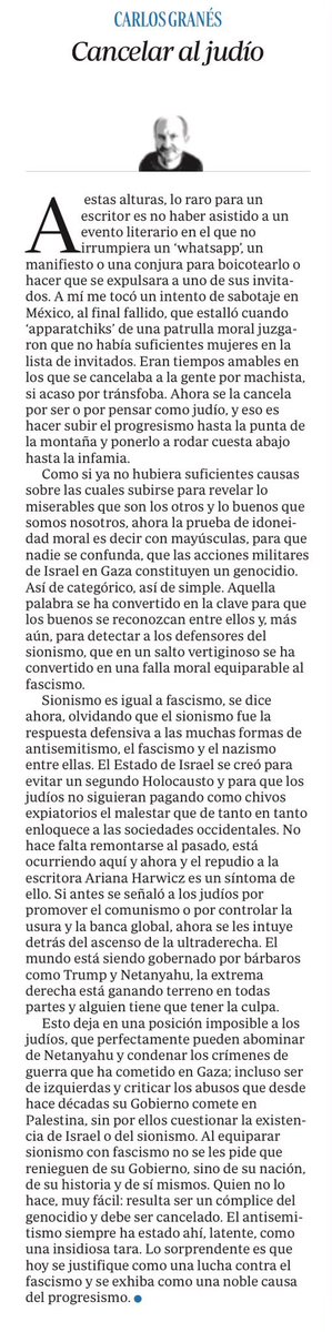 morganavll's tweet photo. Gracias @carlosgranes por expresar con tanta lucidez el profundo rechazo que muchos sentimos frente a la cancelación de @ArianaHar. Parece que hoy, por el solo hecho de ser judío, estás obligado a pronunciarte públicamente sobre Israel https://t.co/uJgUVADlf3