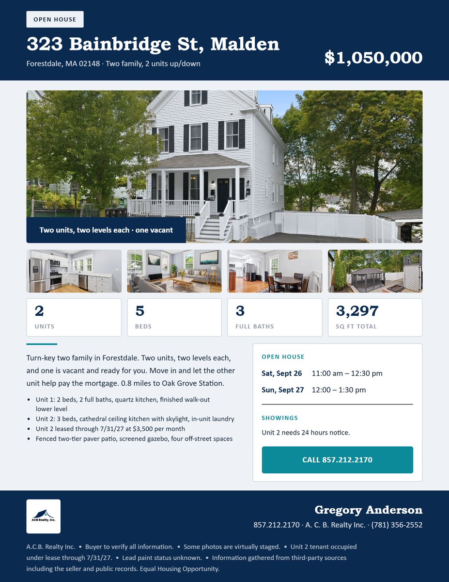 ACBREALTYINC1's tweet photo. 323 Bainbridge St, Malden - Open house Saturday, Sept 26, 11:00 am–12:30 pm Sunday, Sept 27, 12:00–1:30 pm
Gregory Anderson
ACB Realty, Inc. | 857.212.2170
Some photos are virtually staged.
#openhouse #maldenma #maldenrealestate #twofamily https://t.co/oZaxfidyNT