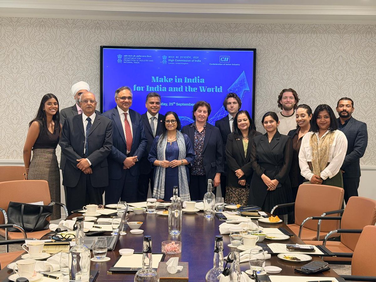 HCI_London's tweet photo. Celebrating #12YearsofMakeInIndia!
@HCI_London with @FollowCII hosted a business roundtable on “Emerging Opportunities in India’s Manufacturing Sector: Make in India for India & the World.” Minister (Economic) @nidhimanit & CII’s Trade Policy Council Chair Narayan Sethuramon, highlighted India’s expanding manufacturing capabilities across key sectors.
📈 PLI: ~£188 bn output & sales | ~£122 bn exports | 1.45 mn+ jobs
🚀 250,000+ startups creating 2.5 mn+ jobs |~50% from Tier-2/3 cities
Self-Reliant. Skilled. Future-Ready. India’s journey towards a manufacturing nation!
#MakeInIndia12 #Manufacturing #AtmanirbharBharat #IndiaUK #IndiaUKRelations #IndiaUKPartnership #Vision2035 #IndiaUKCETA #FTA #CETA #MakeInIndia 

@MEAIndia @IndianDiplomacy @DoC_GoI @DPIITGoI @makeinindia @PMOIndia @DrSJaishankar @Kumaran49604795 @getkart @diaspora_india @biztradegovuk @startupindia @prasarbharati