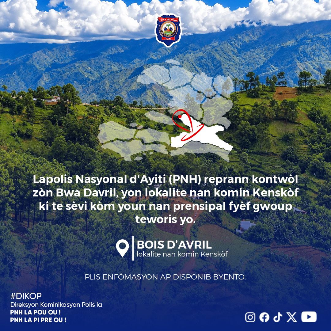 pnh_officiel's tweet photo. Kenskòf : Lapolis Nasyonal d'Ayiti (PNH) reprann kontwòl zòn Bwa Davril.
#PNH #P4000 #SEKIRITE
PNH la pou ou!
PNH la pi prè ou ! https://t.co/sdfxoCxyNz