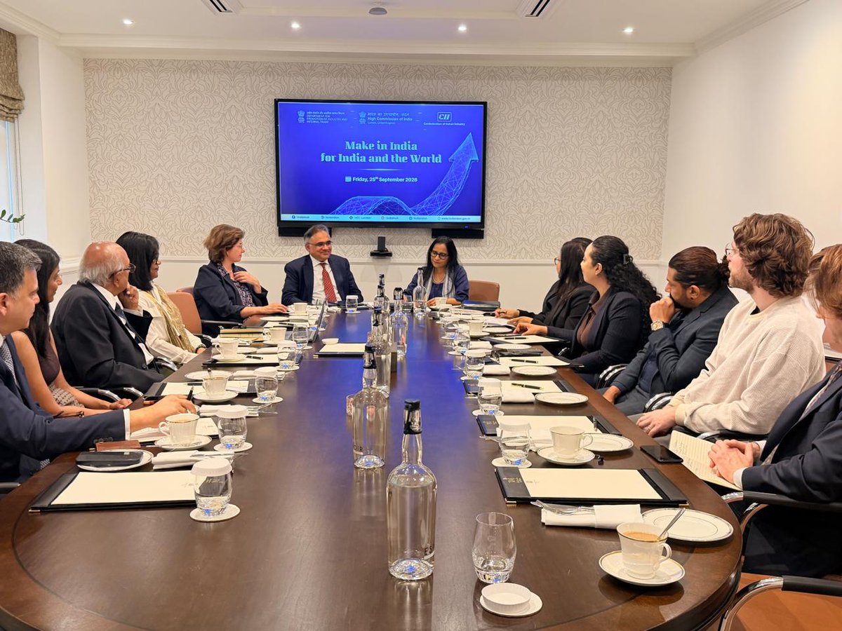 HCI_London's tweet photo. Celebrating #12YearsofMakeInIndia!
@HCI_London with @FollowCII hosted a business roundtable on “Emerging Opportunities in India’s Manufacturing Sector: Make in India for India & the World.” Minister (Economic) @nidhimanit & CII’s Trade Policy Council Chair Narayan Sethuramon, highlighted India’s expanding manufacturing capabilities across key sectors.
📈 PLI: ~£188 bn output & sales | ~£122 bn exports | 1.45 mn+ jobs
🚀 250,000+ startups creating 2.5 mn+ jobs |~50% from Tier-2/3 cities
Self-Reliant. Skilled. Future-Ready. India’s journey towards a manufacturing nation!
#MakeInIndia12 #Manufacturing #AtmanirbharBharat #IndiaUK #IndiaUKRelations #IndiaUKPartnership #Vision2035 #IndiaUKCETA #FTA #CETA #MakeInIndia 

@MEAIndia @IndianDiplomacy @DoC_GoI @DPIITGoI @makeinindia @PMOIndia @DrSJaishankar @Kumaran49604795 @getkart @diaspora_india @biztradegovuk @startupindia @prasarbharati