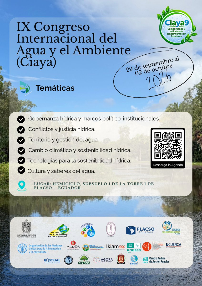 FLACSOec's tweet photo. 💧🌎 Del 29 de septiembre al 2 de octubre, FLACSO Ecuador será sede del IX Congreso Internacional del Agua y el Ambiente (CIAYA), un encuentro que reúne conocimientos y experiencias para abordar los desafíos relacionados con el agua y el ambiente. Compartiremos investigaciones, propuestas y alternativas frente a los retos ambientales actuales.

Más información: https://t.co/TPUN2UJZBB