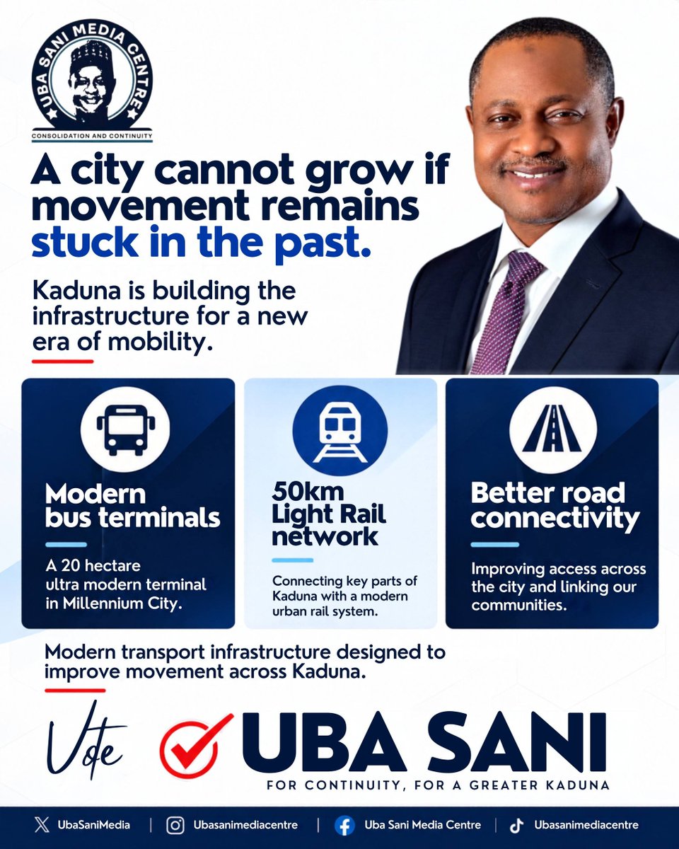 UbaSaniMedia_'s tweet photo. Kaduna is growing, and the way we move around the city has to grow with it.

Governor Uba Sani is looking beyond today — with plans for modern bus terminals, a 50km light rail network and better road connections across the state.

These are the kinds of investments that make everyday life easier and prepare Kaduna for the future.

With Uba Sani, Kaduna keeps moving forward.

#UbaSani2027
