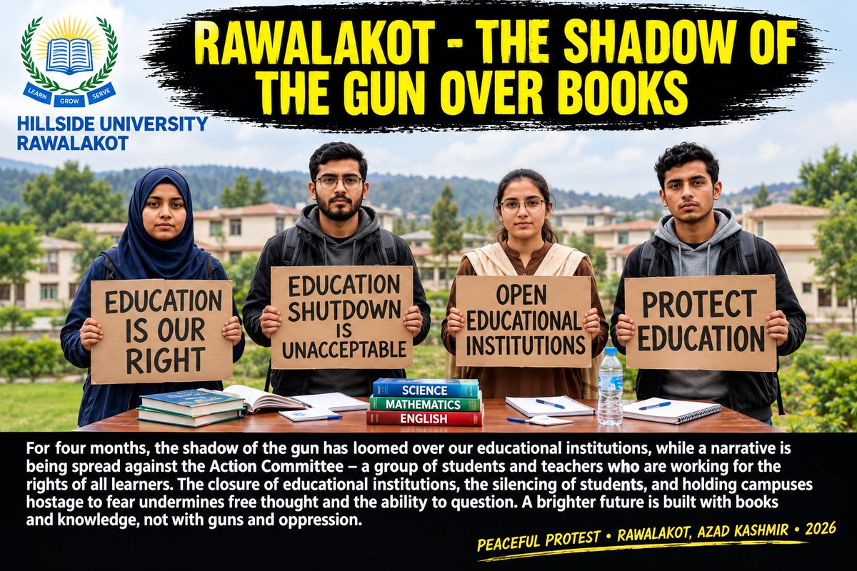 ghoazam's tweet photo. Books build futures, not fear. 📚✊ Standing together for the right to learn, open educational institutions, and a peaceful future.
#EducationForAll #ProtectEducation #Rawalakot #PeacefulProtest #2026 https://t.co/zTomlZPhUs