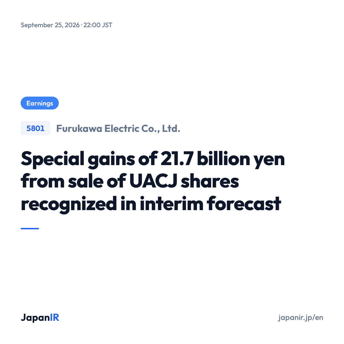 JapanIR_en's tweet photo. Japan IR Highlight - Sep 25, 2026

Furukawa Electric Co., Ltd. (5801)
Financial Summary

https://t.co/uzgn2IvciJ
#JapanStocks #JapaneseStocks #JapanIR #Earnings https://t.co/kV9cv4FC5D