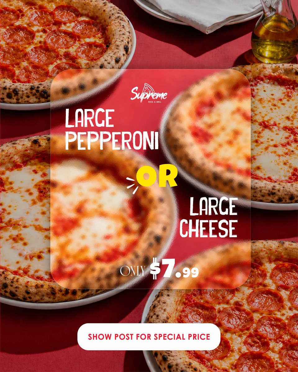 supremepizzava's tweet photo. $7.99 Large Pizza Special!
Craving pizza? Get a Large Pepperoni or Large Cheese Pizza for just $7.99! Perfect for pickup, family dinner, or a quick meal in Woodbridge.
https://t.co/suwT2jZVbb
#WoodbridgeVA #PizzaDeal #PizzaLovers #PepperoniPizza #CheesePizza #SupremePizzaGrill https://t.co/pC6AzZooIj