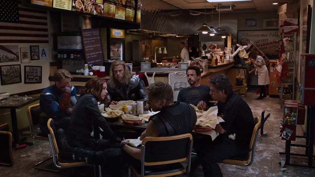 astralpoli's tweet photo. What did Chris Evans hide at hand in the Avengers finale?

The famous post-credits scene, where tired superheroes silently eat shawarma in a New York snack bar, was filmed at the very last moment. The director spontaneously decided to add this comedy episode, urgently gathering the actors together.

By that time, Chris Evans was already preparing for filming in the movie "Thre Through the Snow" and managed to grow a decent beard. It was impossible to shave it for the sake of a minute scene under a contract with another project, and Captain America had to remain clean-shaven according to the plot.

A massive rubber jaw prosthesis was put on Evans' chin to hide the vegetation, but the artificial pad looked quite unnatural on the face and constrained facial expressions. Therefore, we decided to go for an extremely simple and banal way - to cover the chin with your hand, which turned out to be in the topic.

In my opinion, one of the best and soulful scenes after the credits throughout the Marvel cinematic universe, what do you think?