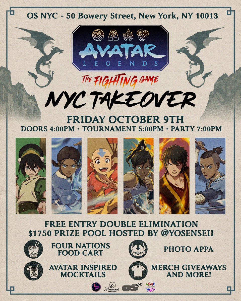 paramountgames's tweet photo. Step into the Four Nations at @OS_NewYorkCity  for @avatar_fighters, featuring gameplay, challenges, food, drinks, prizes & more.

Join us Friday, October 9th for an evening of competitive gaming, exclusive giveaways, Avatar-inspired food and drinks, and immersive experiences celebrating the world of Avatar Legends at OS NYC.

RSVP here: https://t.co/32birYfP6Z