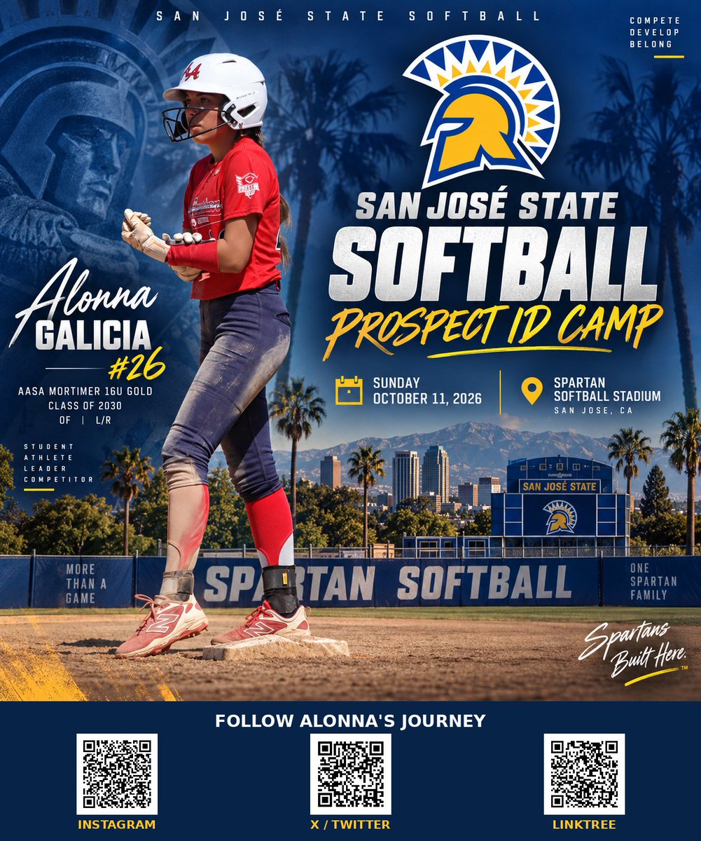 alonnagalicia's tweet photo. Excited to be attending the San José State Softball Prospect ID Camp on October 11! 💙💛

Looking forward to competing, learning from the Spartan coaching staff, and getting better! 🥎

Alonna Galicia #26
🎓 2030 | OF
🥎 AASA Mortimer 16U Gold
📚 3.8 GPA | L Slapper/Hybrid

@SanJoseStateSB @AasaTeams @aasamortimer @LineDsoftball @ExtraInningSB @PrepSoftball @D1Softball @SBRRetweets

#SJSUSoftball #SpartanUp #2030Softball #SoftballRecruiting #Uncommitted2030