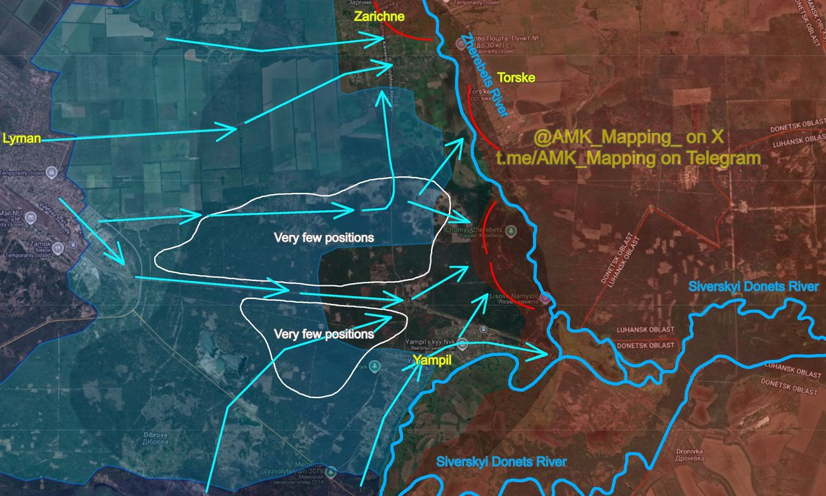 thetect0nic's tweet photo. 🇺🇦 A Ukrainian counteroffensive is unfolding around Lyman, and its effects are now beginning to extend toward the approaches to Slovyansk.

AMK Mapping estimates that the latest Ukrainian advances represent roughly 190 km² of territorial change in Kyiv's favor over the past ten days. That figure remains an OSINT assessment and should not be treated as a confirmed territorial count. But the broader Ukrainian counteroffensive in this sector is well established.

Around Lyman itself, AMK assesses that Ukrainian forces have restored full control of the city and pushed Russian positions roughly 8–9 km away from parts of its eastern outskirts.

Ukrainian assault groups are now fighting inside Zarichne while simultaneously advancing through the forests toward Torske and clearing Russian positions around Yampil and Dibrova.

The geography south of Lyman may be even more consequential.

With routes across the Siverskyi Donets reopened, Ukrainian forces have been moving reinforcements south and counterattacking east of Mykolaivka, with AMK reporting gains around Pyskunivka, Kryva Luka and Rai-Oleksandrivka.

Ukraine's 3rd Army Corps had already said Operation Vivaldi disrupted Russia's attempt to develop a northern approach toward the Slovyansk–Kramatorsk defensive belt.

The latest map suggests that Ukraine is now exploiting that success rather than simply consolidating it.

AMK assesses that the advances could delay a Russian battle for Slovyansk by several months.

That timeline is his assessment, not an established forecast. Fighting remains intense, particularly around Zarichne, where Russian artillery and drone teams continue to inflict losses on Ukrainian assault groups. 

Maps: @AMK_Mapping_