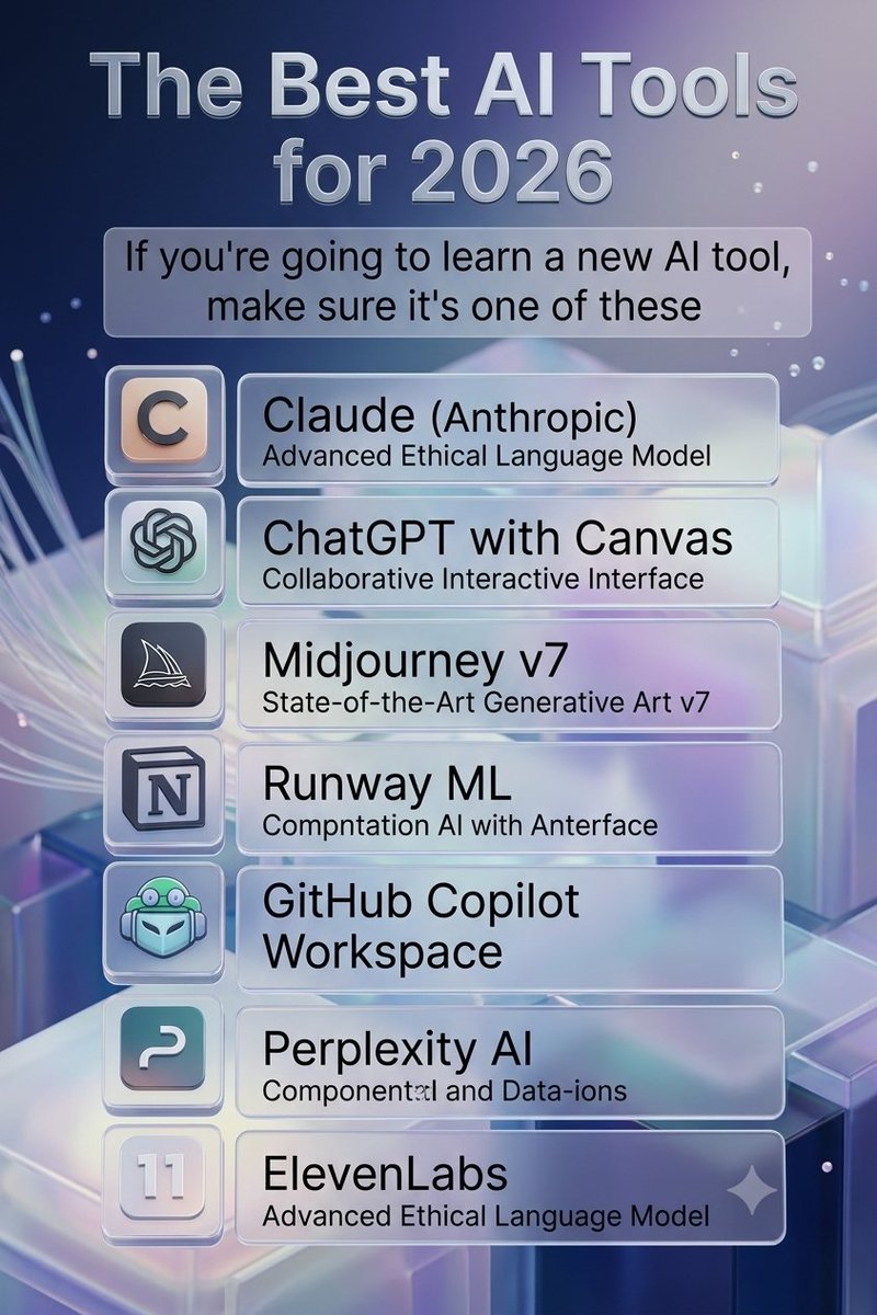 Tech_Ai_Alan's tweet photo. You don’t need to learn every AI tool in 2026.

You need to know which tools can turn your time, skills, and ideas into real value.

From reasoning to design.
From research to coding.
From video to voice.

Discover more follow (@Tech_Ai_Alan)

Here are the AI tools worth knowing—and why they matter. 🧵👇