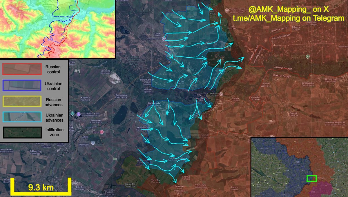 thetect0nic's tweet photo. 🇺🇦 A Ukrainian counteroffensive is unfolding around Lyman, and its effects are now beginning to extend toward the approaches to Slovyansk.

AMK Mapping estimates that the latest Ukrainian advances represent roughly 190 km² of territorial change in Kyiv's favor over the past ten days. That figure remains an OSINT assessment and should not be treated as a confirmed territorial count. But the broader Ukrainian counteroffensive in this sector is well established.

Around Lyman itself, AMK assesses that Ukrainian forces have restored full control of the city and pushed Russian positions roughly 8–9 km away from parts of its eastern outskirts.

Ukrainian assault groups are now fighting inside Zarichne while simultaneously advancing through the forests toward Torske and clearing Russian positions around Yampil and Dibrova.

The geography south of Lyman may be even more consequential.

With routes across the Siverskyi Donets reopened, Ukrainian forces have been moving reinforcements south and counterattacking east of Mykolaivka, with AMK reporting gains around Pyskunivka, Kryva Luka and Rai-Oleksandrivka.

Ukraine's 3rd Army Corps had already said Operation Vivaldi disrupted Russia's attempt to develop a northern approach toward the Slovyansk–Kramatorsk defensive belt.

The latest map suggests that Ukraine is now exploiting that success rather than simply consolidating it.

AMK assesses that the advances could delay a Russian battle for Slovyansk by several months.

That timeline is his assessment, not an established forecast. Fighting remains intense, particularly around Zarichne, where Russian artillery and drone teams continue to inflict losses on Ukrainian assault groups. 

Maps: @AMK_Mapping_