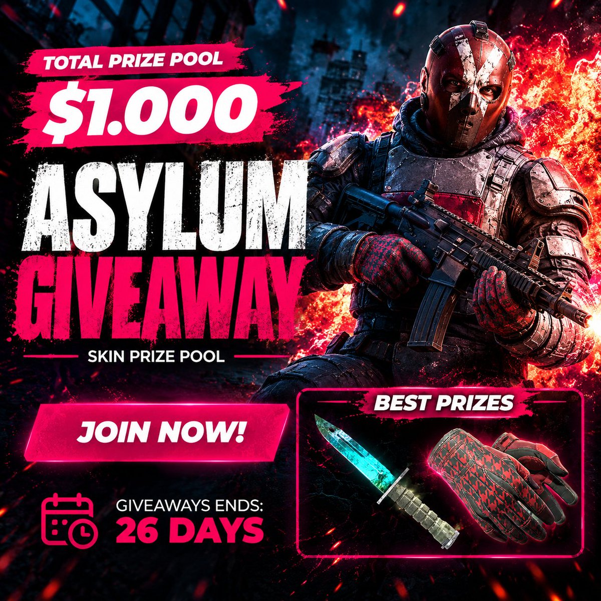 CsgoAsylum's tweet photo. Exclusive https://t.co/hVoBkfmJar $1.000 #CS2Giveaway ⚓
(🔁RT RANDOM $10)

🥇Bayonet Gamma Doppler $530
🥈Sport Gloves Scarlet Shamagh $180
➕And More

👉Deposit: https://t.co/MP4I5hIZjp

#CS2 #cs2skins 🔔Rolling 26d (with x picker) https://t.co/IZEajn9toF