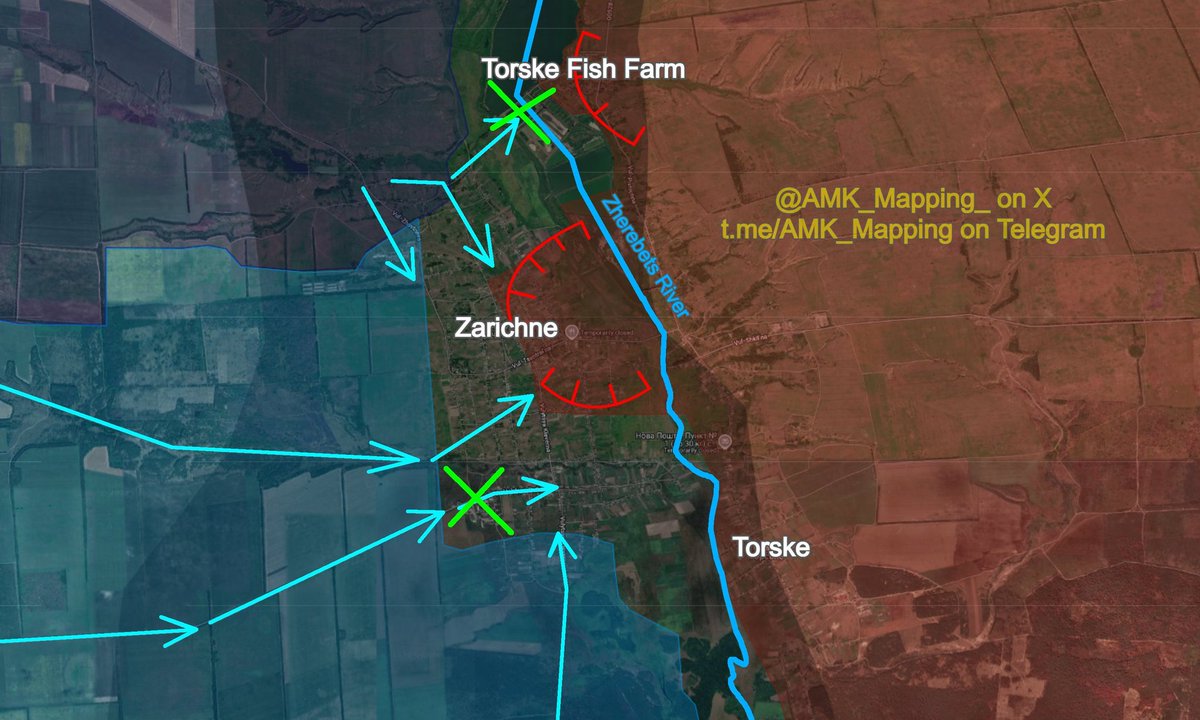 thetect0nic's tweet photo. 🇺🇦 A Ukrainian counteroffensive is unfolding around Lyman, and its effects are now beginning to extend toward the approaches to Slovyansk.

AMK Mapping estimates that the latest Ukrainian advances represent roughly 190 km² of territorial change in Kyiv's favor over the past ten days. That figure remains an OSINT assessment and should not be treated as a confirmed territorial count. But the broader Ukrainian counteroffensive in this sector is well established.

Around Lyman itself, AMK assesses that Ukrainian forces have restored full control of the city and pushed Russian positions roughly 8–9 km away from parts of its eastern outskirts.

Ukrainian assault groups are now fighting inside Zarichne while simultaneously advancing through the forests toward Torske and clearing Russian positions around Yampil and Dibrova.

The geography south of Lyman may be even more consequential.

With routes across the Siverskyi Donets reopened, Ukrainian forces have been moving reinforcements south and counterattacking east of Mykolaivka, with AMK reporting gains around Pyskunivka, Kryva Luka and Rai-Oleksandrivka.

Ukraine's 3rd Army Corps had already said Operation Vivaldi disrupted Russia's attempt to develop a northern approach toward the Slovyansk–Kramatorsk defensive belt.

The latest map suggests that Ukraine is now exploiting that success rather than simply consolidating it.

AMK assesses that the advances could delay a Russian battle for Slovyansk by several months.

That timeline is his assessment, not an established forecast. Fighting remains intense, particularly around Zarichne, where Russian artillery and drone teams continue to inflict losses on Ukrainian assault groups. 

Maps: @AMK_Mapping_