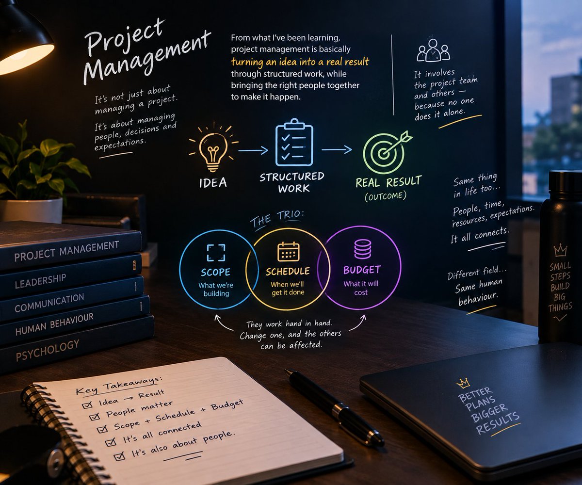 akoyipatrick's tweet photo. Been learning about project management and one thing that stood out to me:

It’s not just about turning an idea into a result. It’s also about managing people, decisions and expectations along the way.

And I’m learning how scope, schedule and budget are all connected together https://t.co/USCpTdu6ml