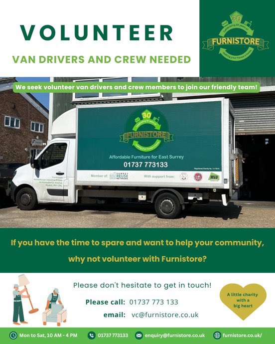 Furnistore's tweet photo. Join the #Furnistore family!💚
We're looking for:
🚚 #Volunteer Van Drivers & Crew
📋 #Trustees (Company Secretary & Marketing)
Help support local families and reduce landfill across #EastSurrey.
📞 01737 773133
🌐 https://t.co/euOGvdJSqJ
A little charity with a big heart💚 https://t.co/gtXNIeIwD1