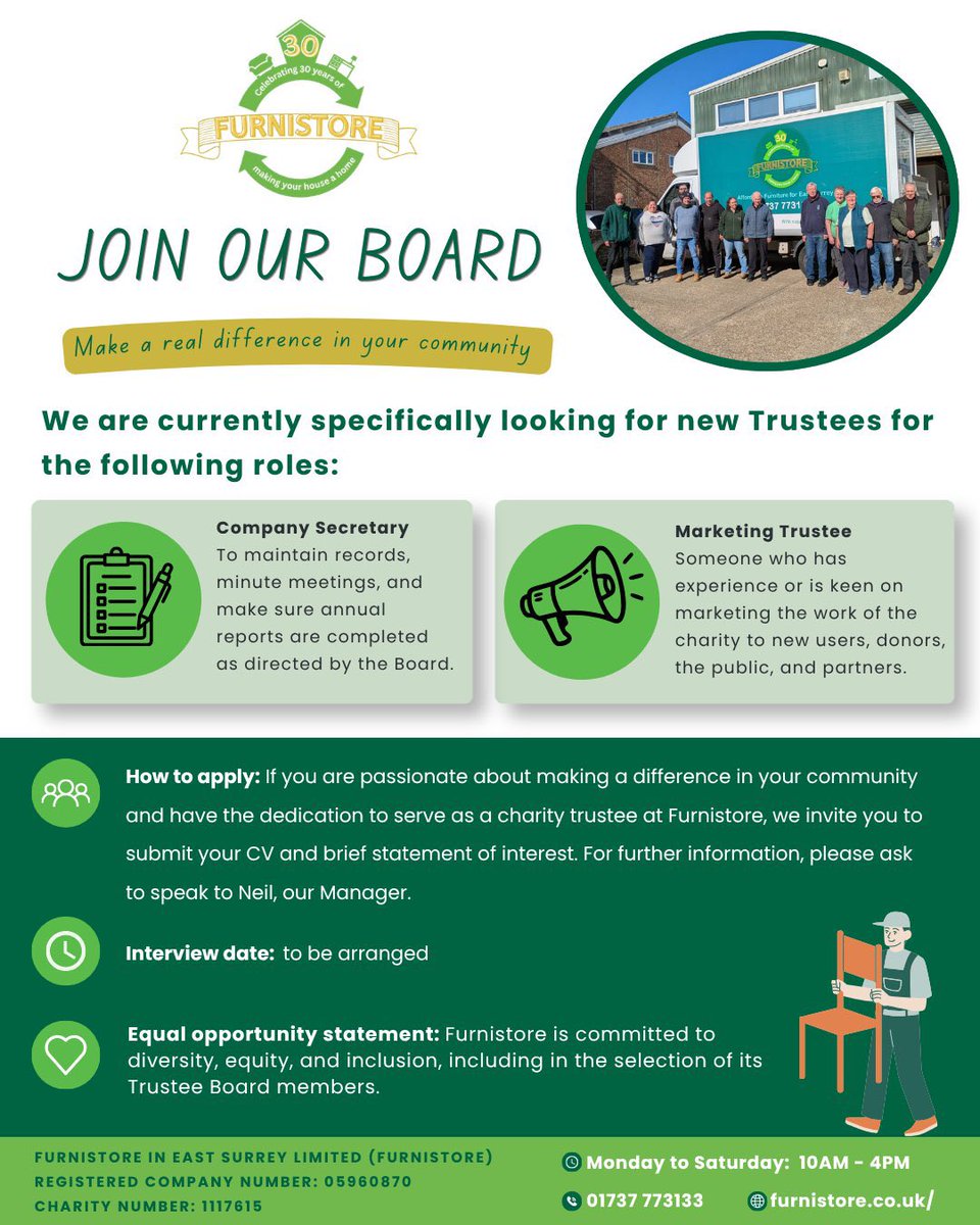Furnistore's tweet photo. Join the #Furnistore family!💚
We're looking for:
🚚 #Volunteer Van Drivers & Crew
📋 #Trustees (Company Secretary & Marketing)
Help support local families and reduce landfill across #EastSurrey.
📞 01737 773133
🌐 https://t.co/euOGvdJSqJ
A little charity with a big heart💚 https://t.co/gtXNIeIwD1