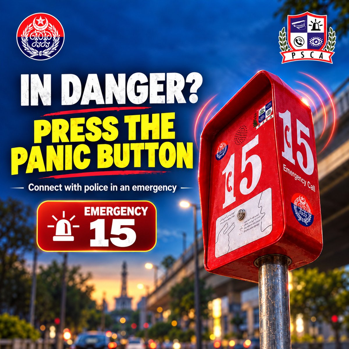 PSCAsafecities's tweet photo. 🚨In Danger? Help Is Just a Press Away!

In an emergency, use the Panic Button to quickly connect with the police and get immediate assistance. Your safety matters.

Emergency Helpline: 15

Punjab Safe Cities Authority — Always Here for Your Safety

#Emergency15 #PanicButton #PublicSafety #SafeCity #EmergencyResponse