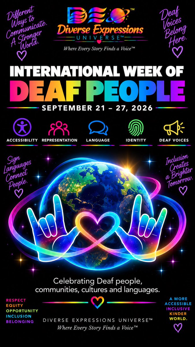 DiverseExpressU's tweet photo. 🌎🧏 International Week of Deaf People
September 21–27, 2026
Celebrating Deaf people, communities, cultures and sign languages. 🤟
Accessibility matters. Representation matters. Deaf voices matter.
#deafcommunity #accessibility #inclusion #signlanguage #diverseexpressionsuniverse https://t.co/iakKIdgUbz