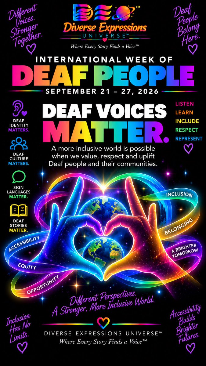DiverseExpressU's tweet photo. 🌎🧏 International Week of Deaf People
September 21–27, 2026
Celebrating Deaf people, communities, cultures and sign languages. 🤟
Accessibility matters. Representation matters. Deaf voices matter.
#deafcommunity #accessibility #inclusion #signlanguage #diverseexpressionsuniverse https://t.co/iakKIdgUbz