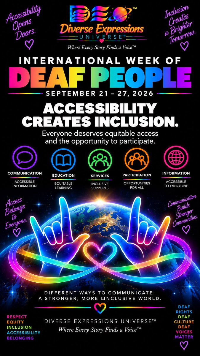DiverseExpressU's tweet photo. 🌎🧏 International Week of Deaf People
September 21–27, 2026
Celebrating Deaf people, communities, cultures and sign languages. 🤟
Accessibility matters. Representation matters. Deaf voices matter.
#deafcommunity #accessibility #inclusion #signlanguage #diverseexpressionsuniverse https://t.co/iakKIdgUbz