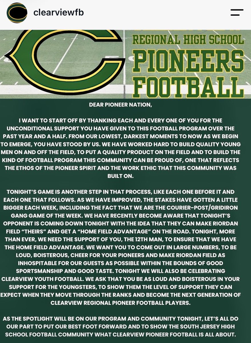 landis_luke99's tweet photo. GAME DAY vs. Pemberton, 7:00pm…
WJFL Royal Division Match-Up…pack the stands tonight for Youth Night!!!
#CYFCPIONEERS 🟢🟡🏈⏱️
#findawaytowin #VictoryHill #ViewFB #theFRONTier #WJFL
@viewathletics @ClearviewFB @wilson2882 @AmarCoach @RimbackSports @kminnicksports @McGurkSports @RiverviewSN @Mtrible @PrepRedzoneNJ @RivalsHS @247recruiting @CoachLanceo @COACHVLRN @CoryLRN @CoachSaville @LANCEOSRN @LRN400 #LRNEAST #LRN400 #LRNRECRUIT #LRNELITE #STUDENTATHLETE #CLASSOF2029 #HSPREPS #GrowthMindset