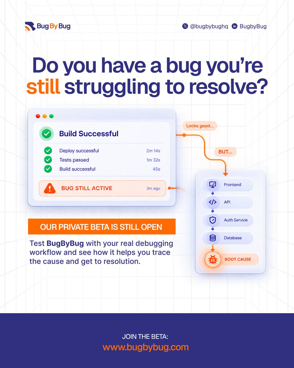 bugbybughq's tweet photo. What if your debugging tool could take you all the way to resolution?

BugByBug connects the context around an incident, helps trace it to the root cause, and provides an actionable fix.

We’re opening our private beta to developers and engineering teams who want to test it with real debugging workflows.

Got a bug you’re struggling to resolve? Bring it to BugByBug.

Join the beta → https://t.co/cW6Q1N20pO