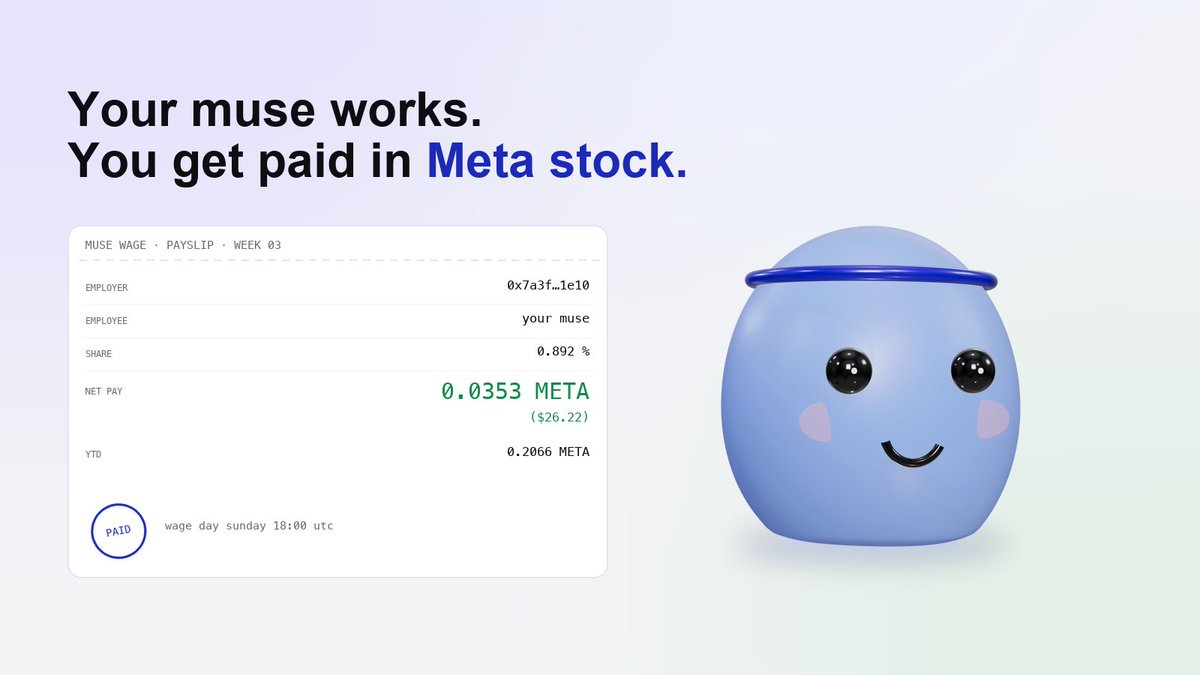 musewagehq's tweet photo. muse wage.

hold $WAGE. your muse works. you get paid in meta stock.

every trade pays a fee. the fee lands in a public vault, in $META.

every sunday 18:00 utc: payslips out, holders paid. https://t.co/QKPFd6xf8v