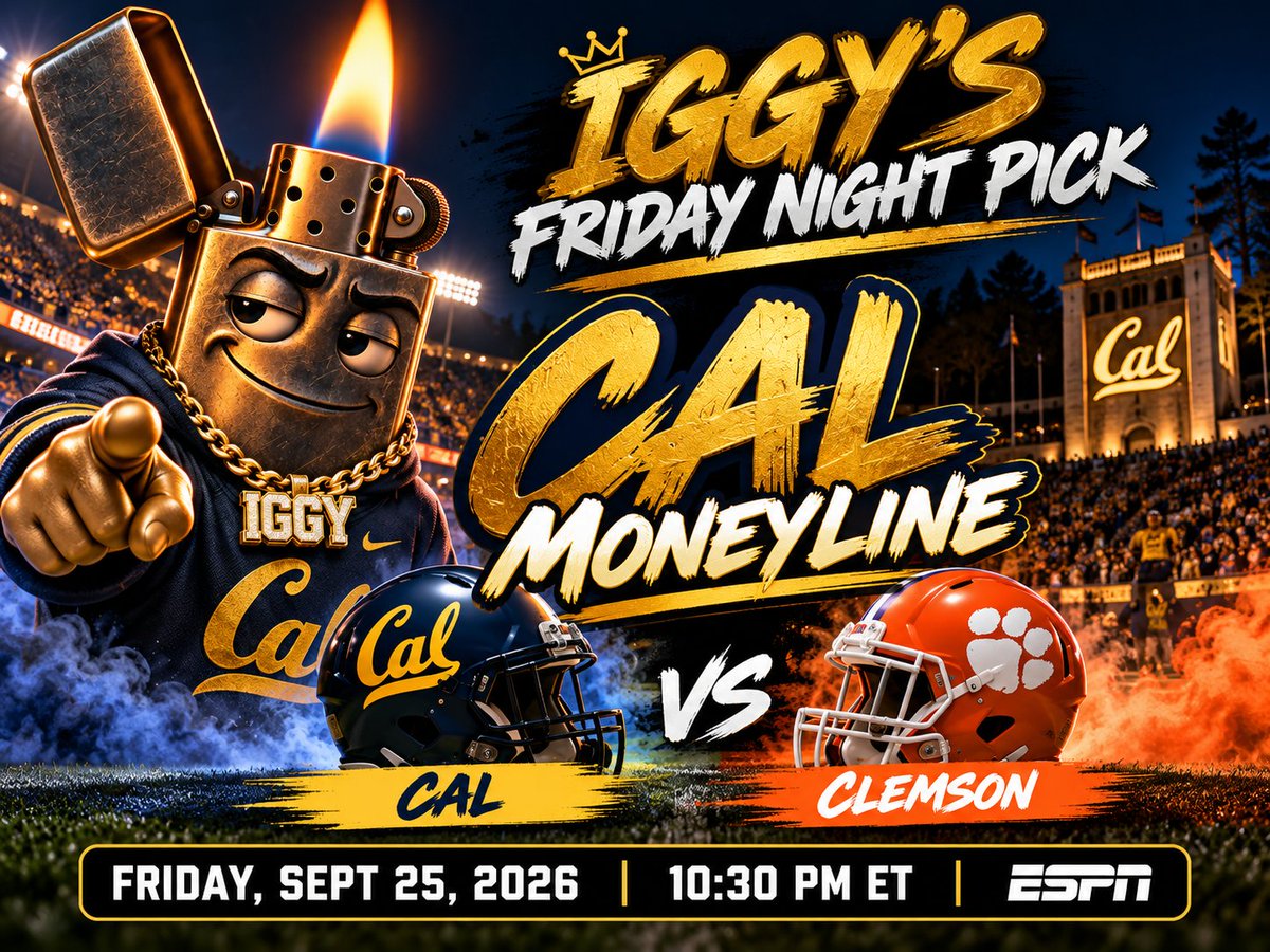 IgnitorBets's tweet photo. 🔥 IGGY’S FRIDAY NIGHT PICK 🔥

🐻 CAL MONEYLINE vs CLEMSON

CAL ML. LET’S CASH. 🔥

Who’s riding with Iggy? 👀

#IggyPicks #CalFootball #Clemson #CollegeFootball #CFB #SportsBetting #FridayNightFootball https://t.co/87X1n8X2wY